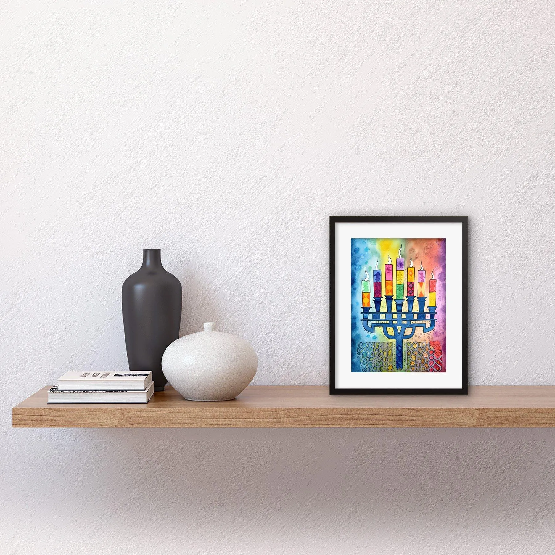 Wall Art & Pictures | Wall Art Print Jewish Menorah Candles Multicolour Folk Art Watercolour Painting Artwork Framed 9X7 Inc