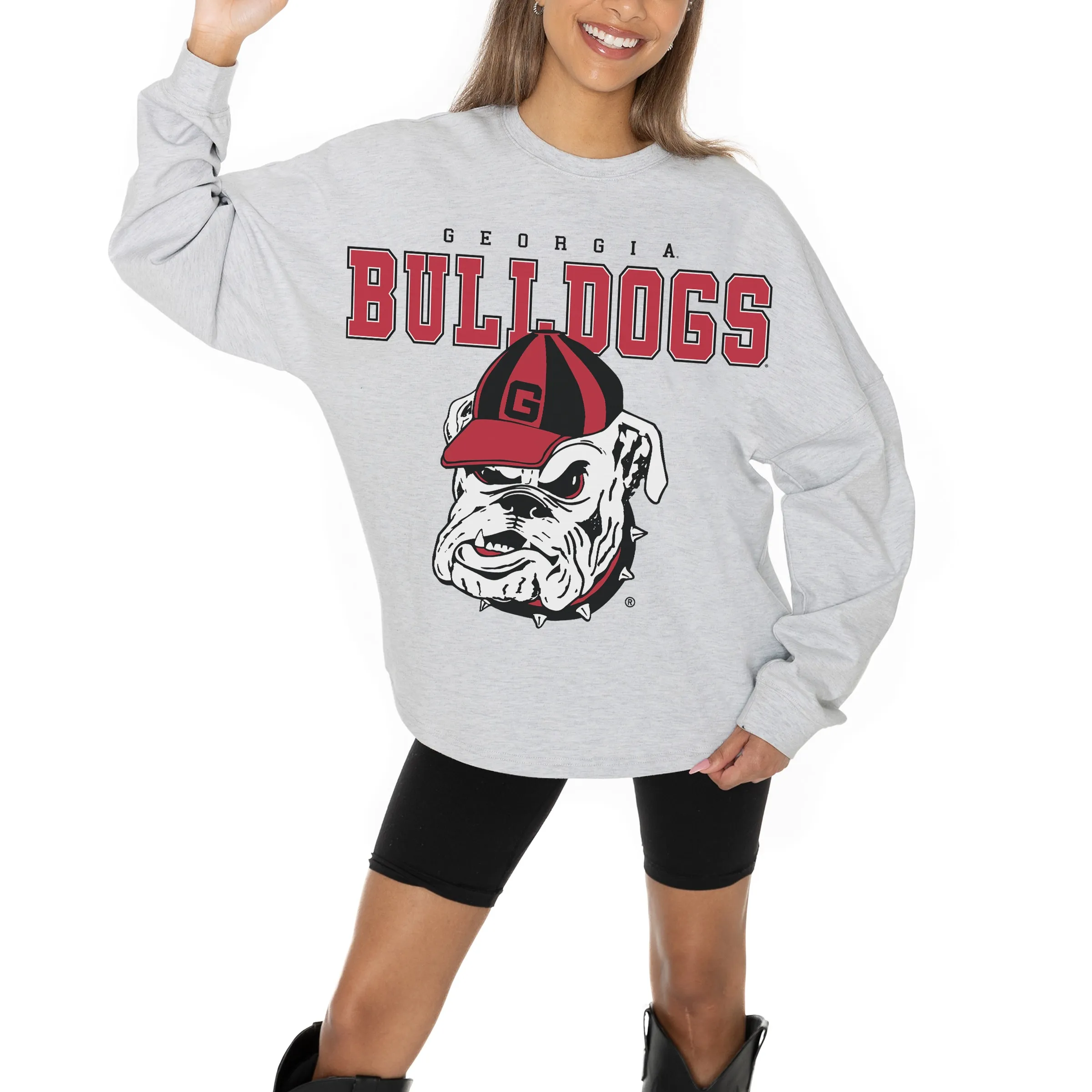 Women's Gameday Couture Ash Georgia Bulldogs Big Goals Relaxed Fit French Terry Pullover Sweatshirt