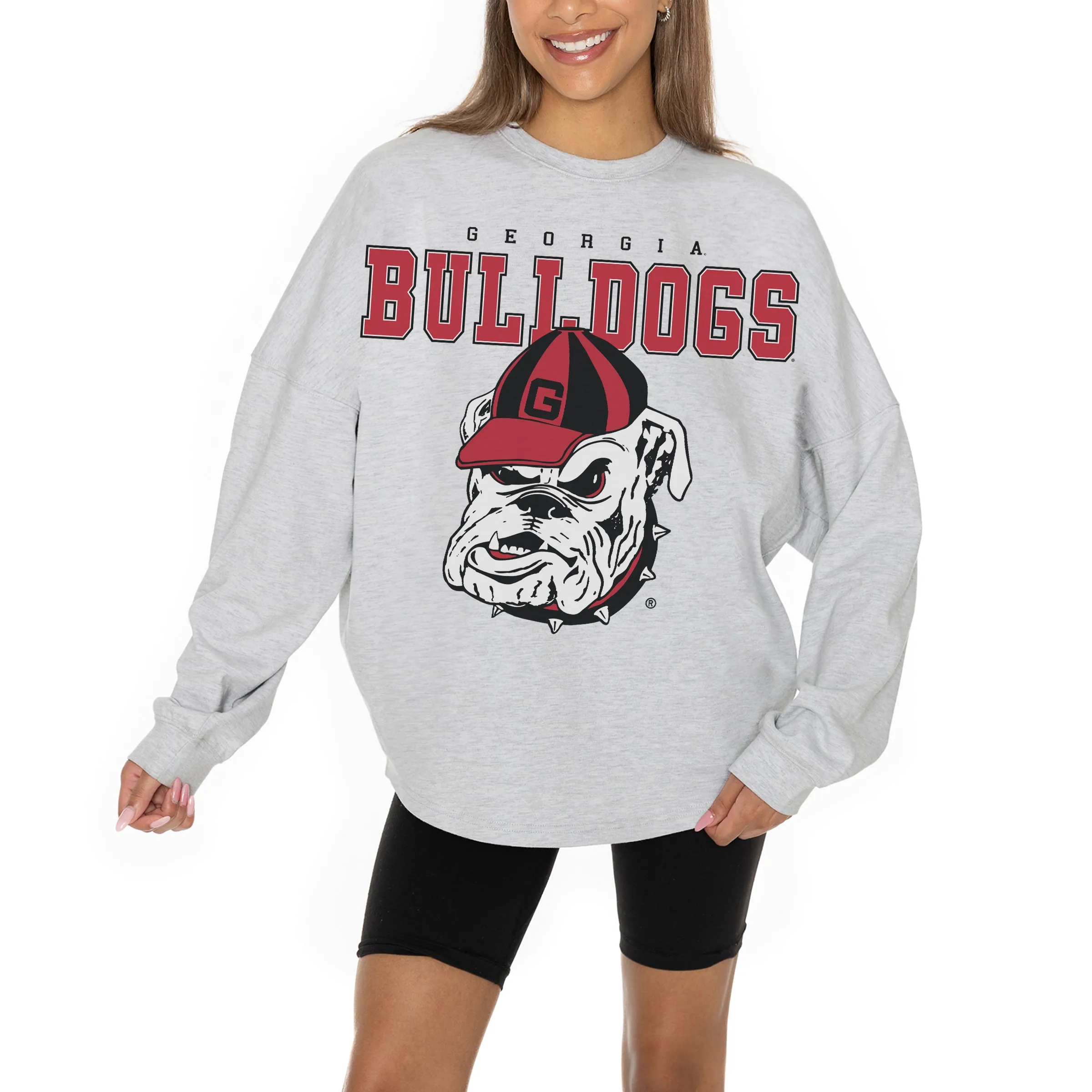 Women's Gameday Couture Ash Georgia Bulldogs Big Goals Relaxed Fit French Terry Pullover Sweatshirt