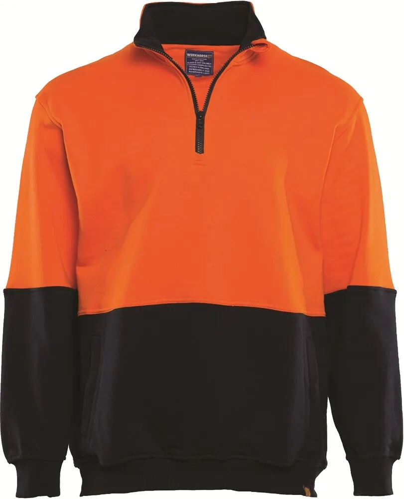 Workhorse MFL003 Men's 2-Tone High Visibility 1/4 Zipped Fleece Pullover - Cotton - Orange/Navy - Large