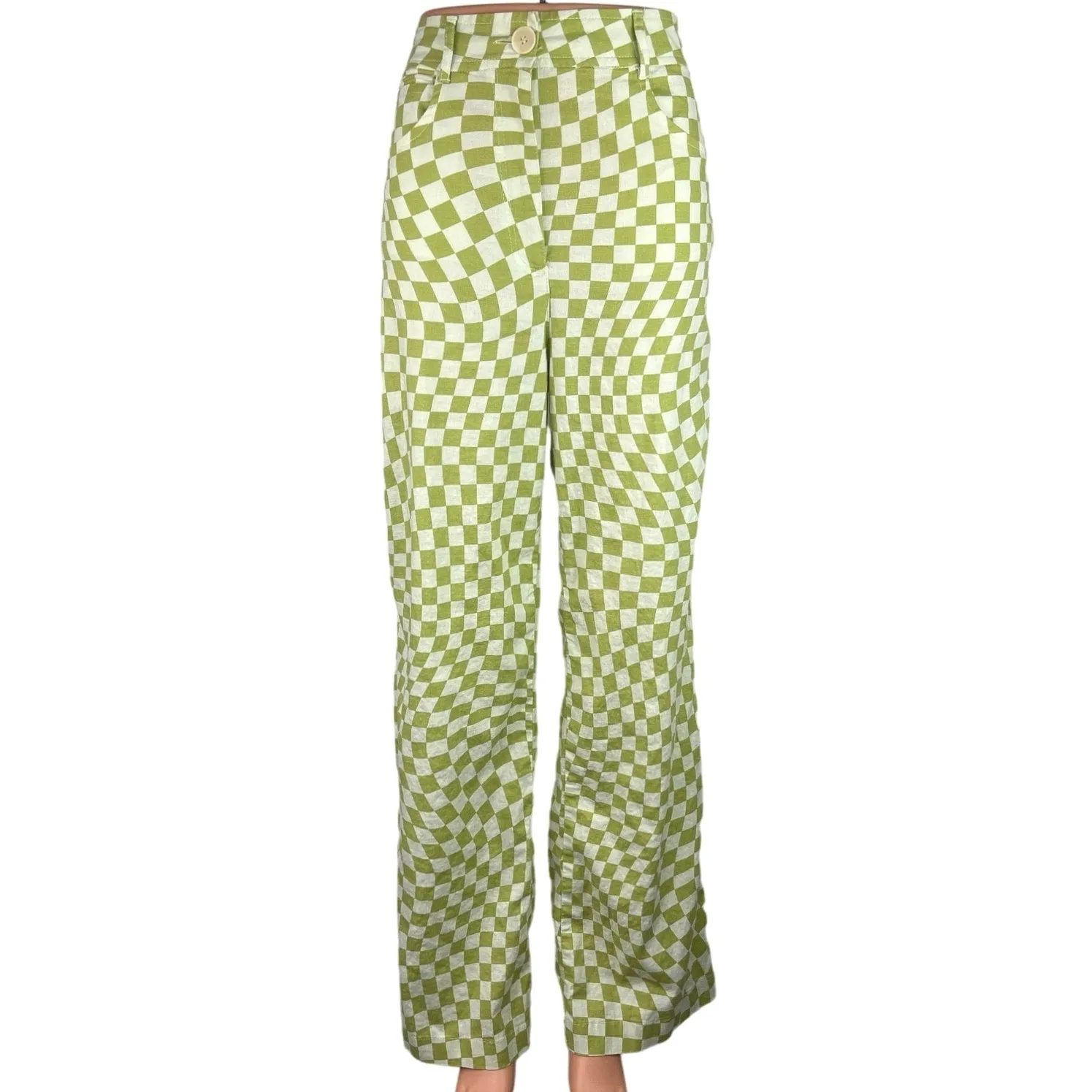 Zara Green White Linen Gingham Check High Rise Ankle Wide Leg Pants Size M