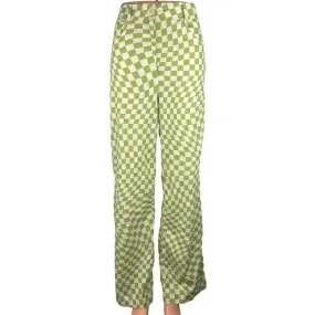 Zara Green White Linen Gingham Check High Rise Ankle Wide Leg Pants Size M