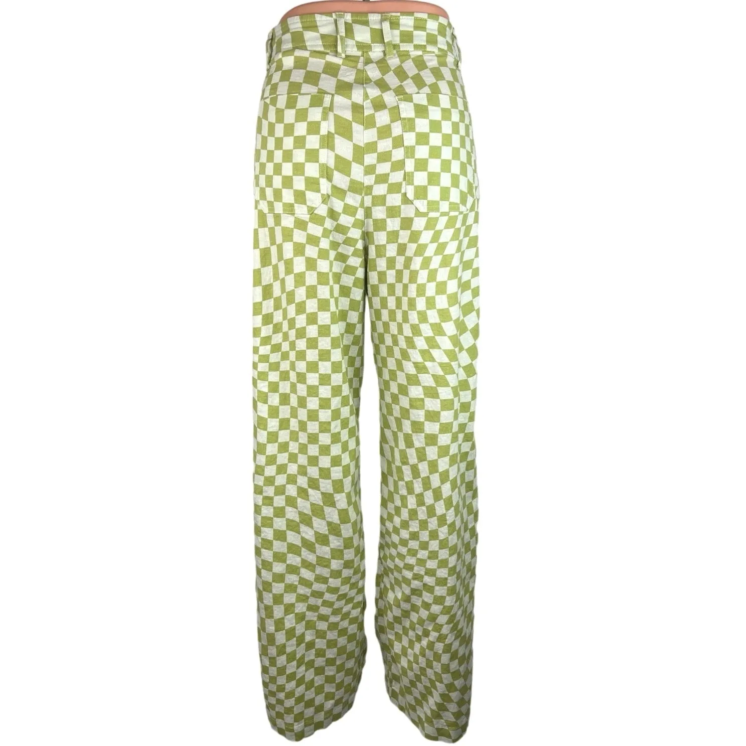 Zara Green White Linen Gingham Check High Rise Ankle Wide Leg Pants Size M